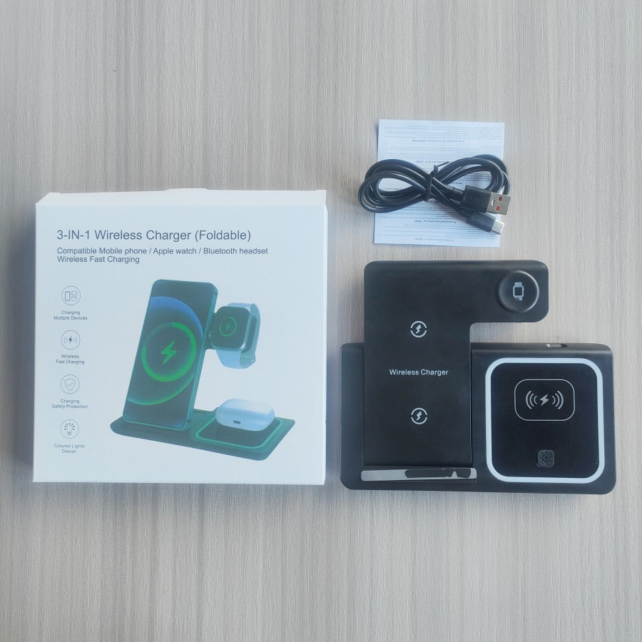 Estación de carga inalámbrica plegable 3 en 1 para auriculares, reloj y teléfono