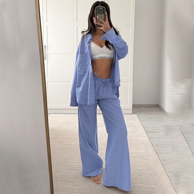 Conjunto de pantalones casuales de manga larga a rayas para mujer