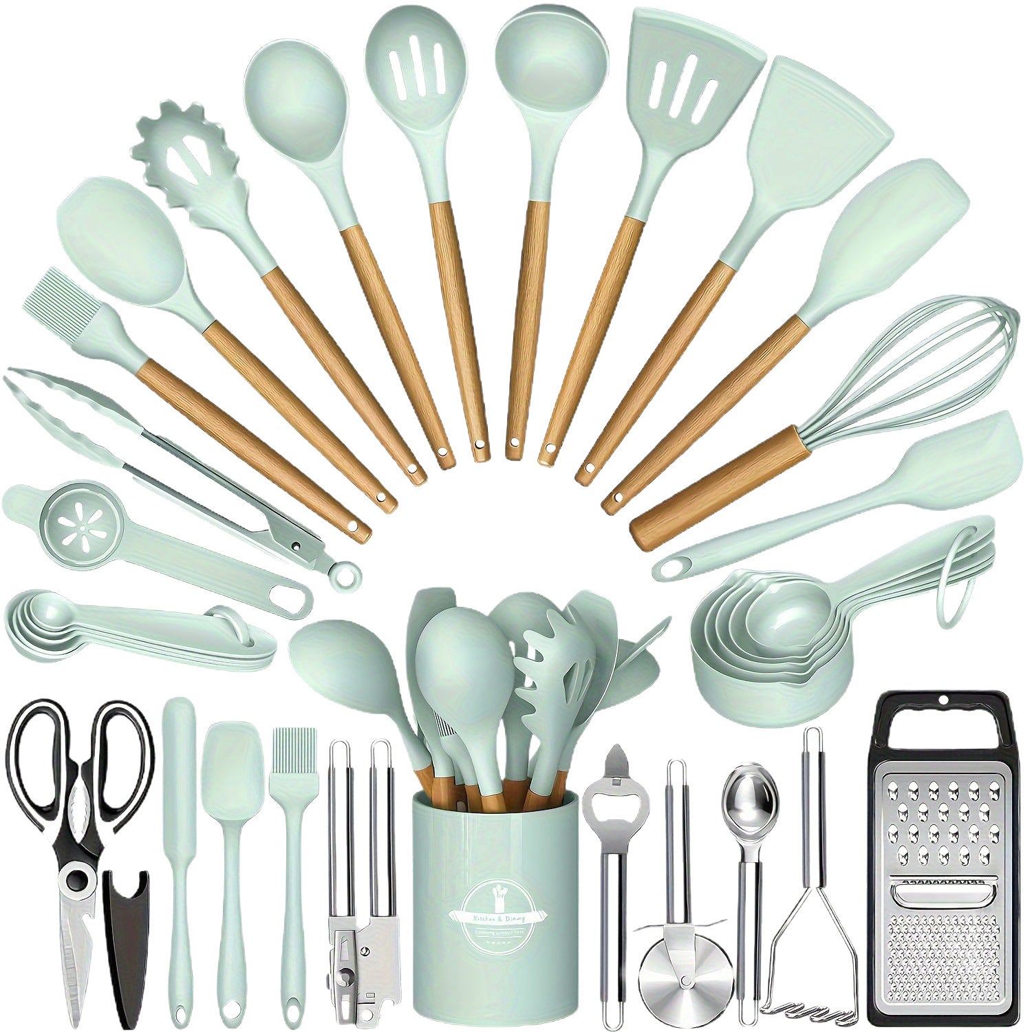 Juego de utensilios de cocina de silicona con mango de madera