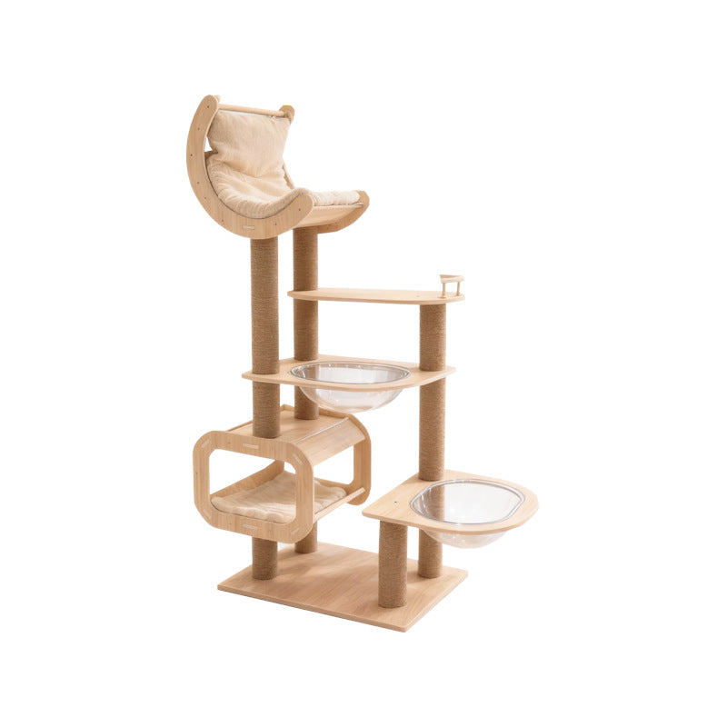 Gran torre de escalada para gatos de madera maciza con poste rascador