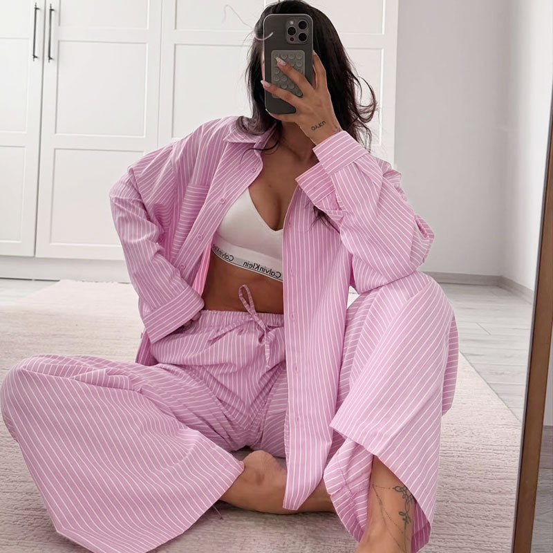 Conjunto de pantalones casuales de manga larga a rayas para mujer