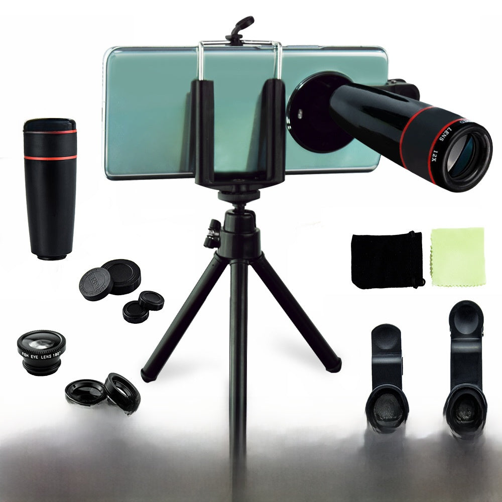 Kit de teleobjetivo de 12x para teléfonos inteligentes con macro ojo de pez macro gran angular