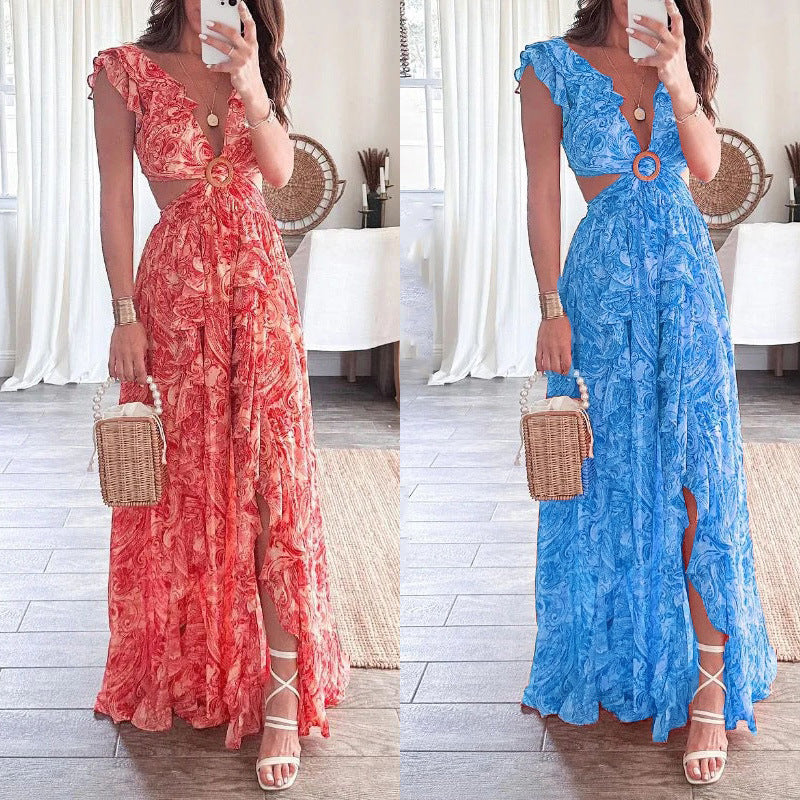 Vestido con volantes y cuello en V con estampado floral