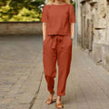 Cotton-linen half-sleeve wide-leg pants