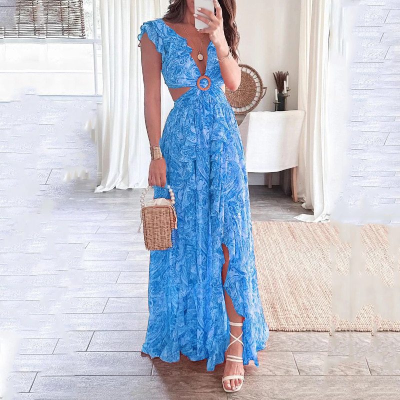Vestido con volantes y cuello en V con estampado floral