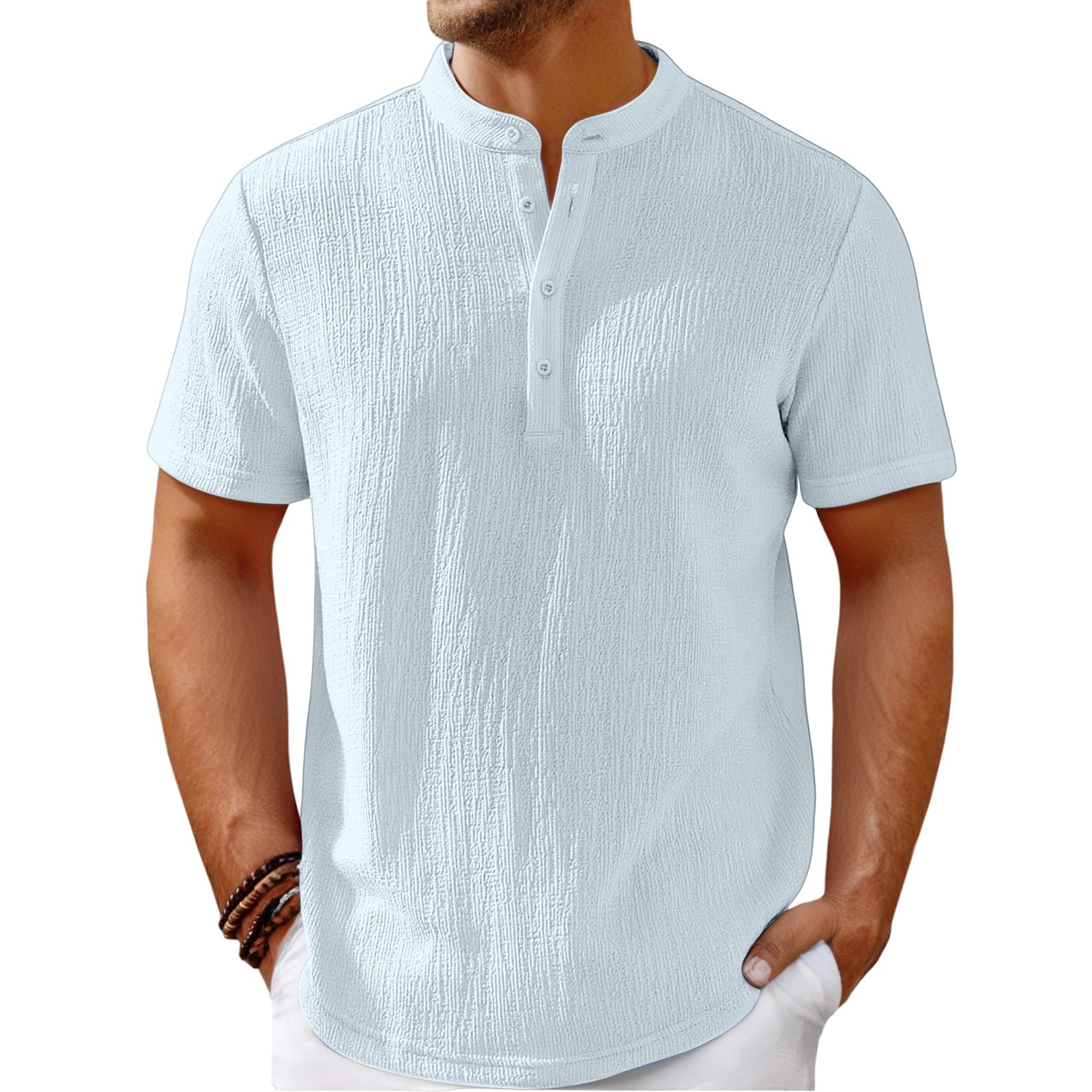 Camisa Henley de rayas de lino de algodón retro para hombre
