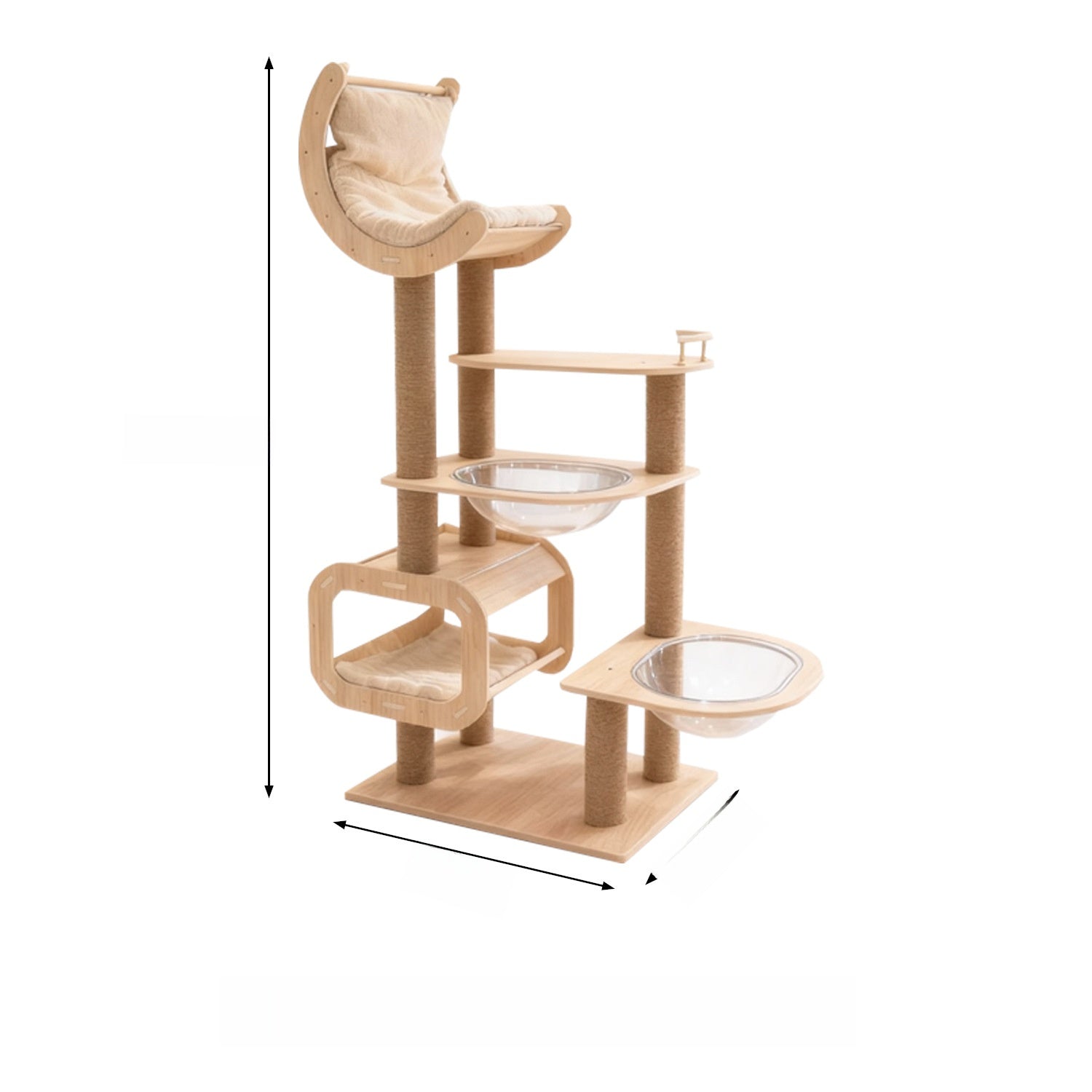 Gran torre de escalada para gatos de madera maciza con poste rascador