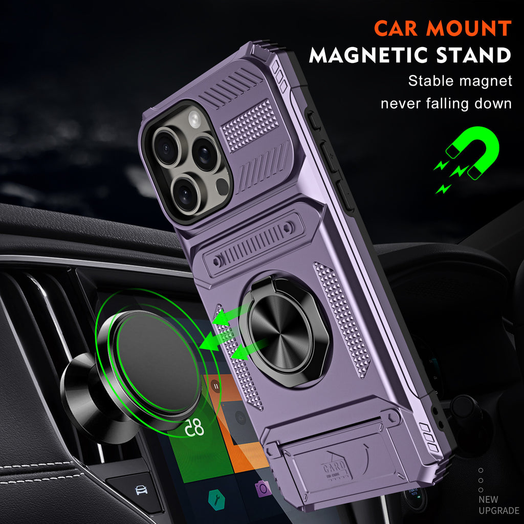 Funda magnética para teléfono con ranura para tarjeta y soporte para anillo