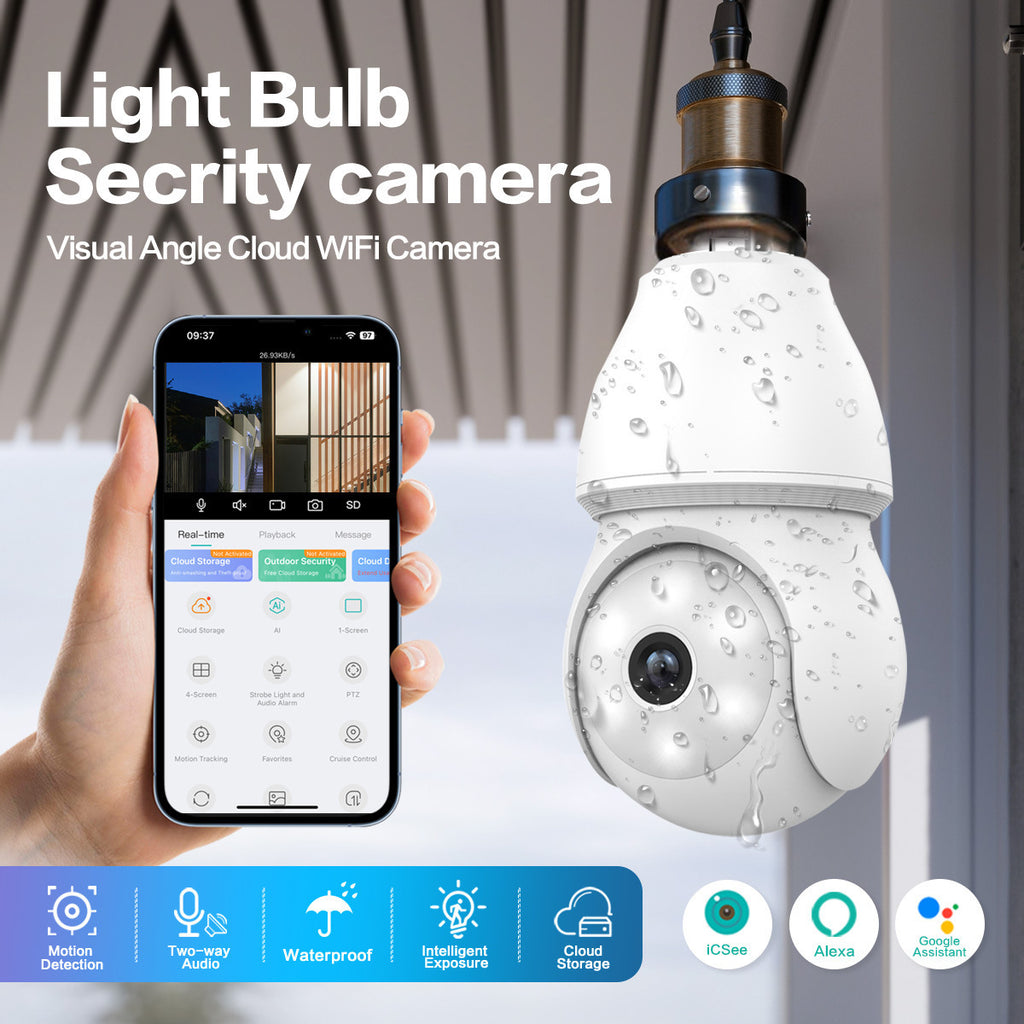 Cámara de vigilancia con bombilla, visión nocturna de 360 grados