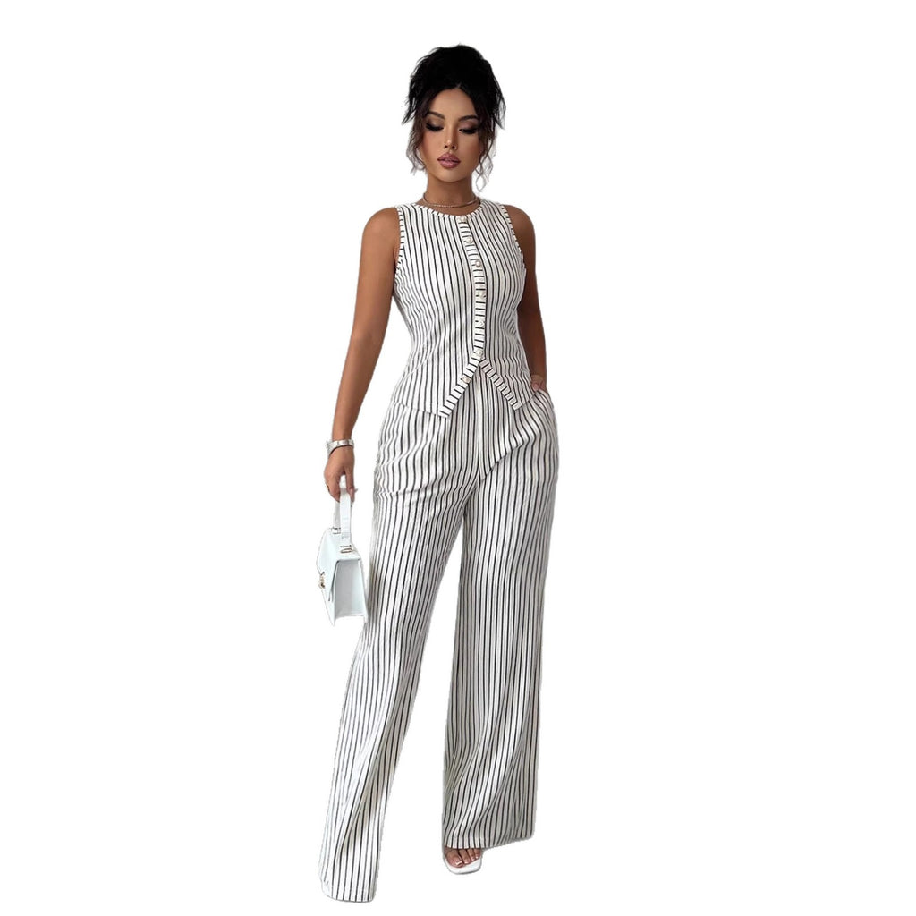 Conjunto de chaleco retro a rayas y pantalones de perna ancha para mujer