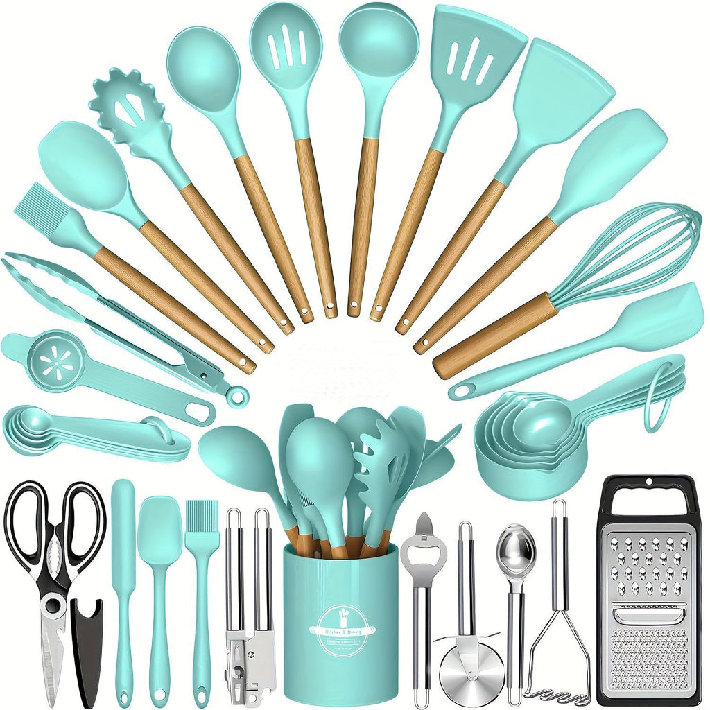 Juego de utensilios de cocina de silicona con mango de madera