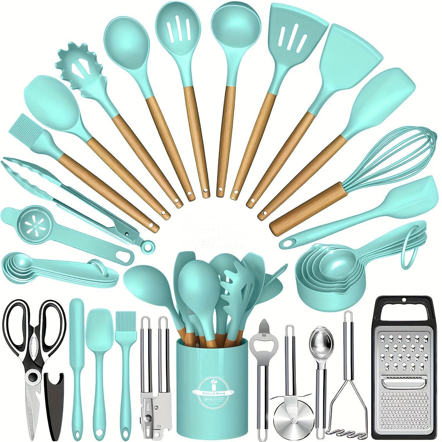 Juego de utensilios de cocina de silicona con mango de madera