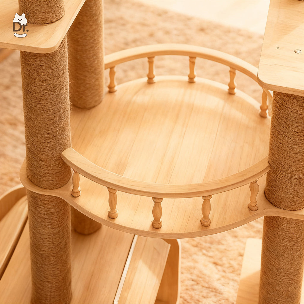 Gran torre de escalada para gatos de madera maciza con poste rascador