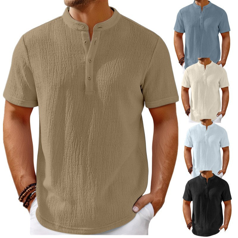 Camisa Henley de rayas de lino de algodón retro para hombre