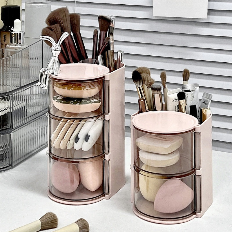 Organizador de brochas de maquillaje giratorio con almacenamiento de polvo