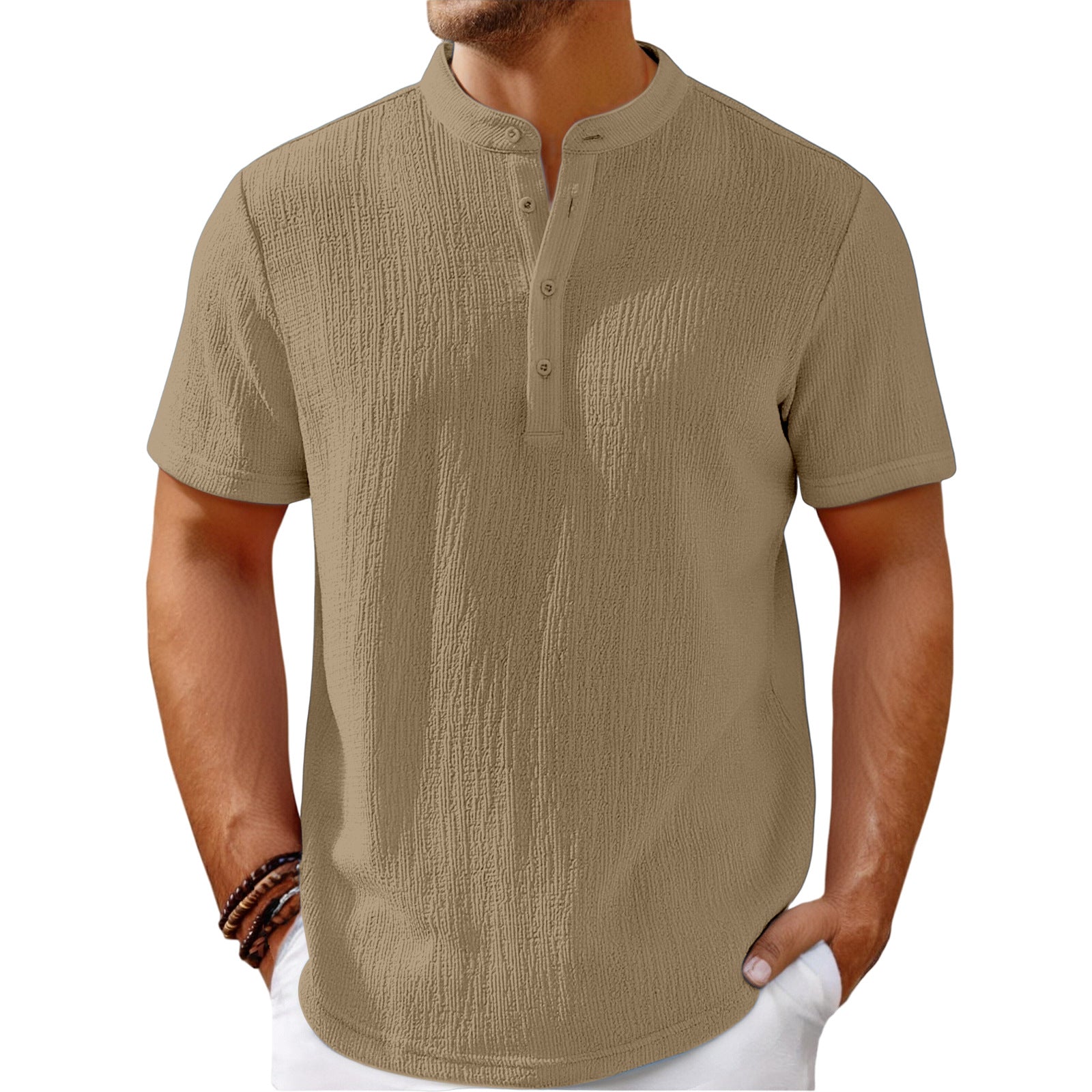 Camisa Henley de rayas de lino de algodón retro para hombre