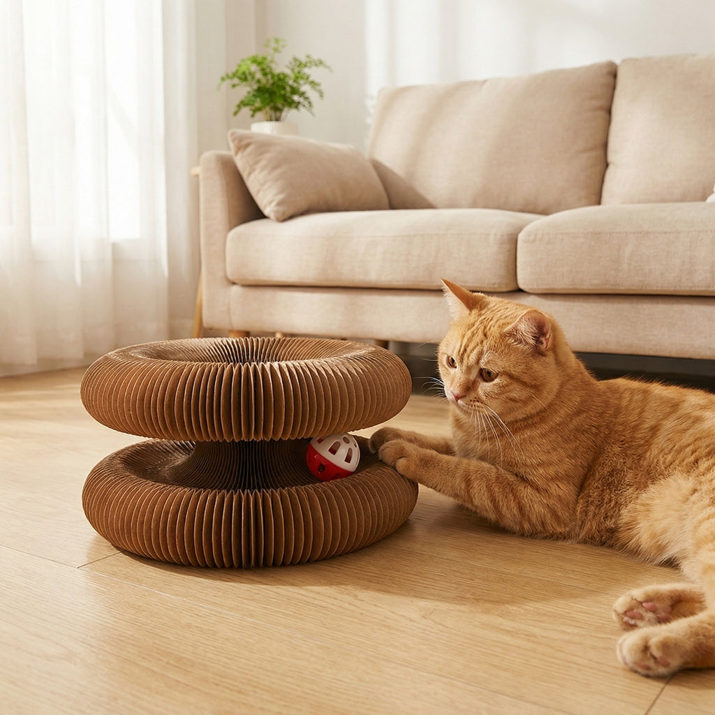 Rascador de gato de papel corrugado plegable con campanas