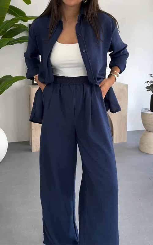Conjunto de dos piezas de pantalones casuales de pierna ancha para mujer