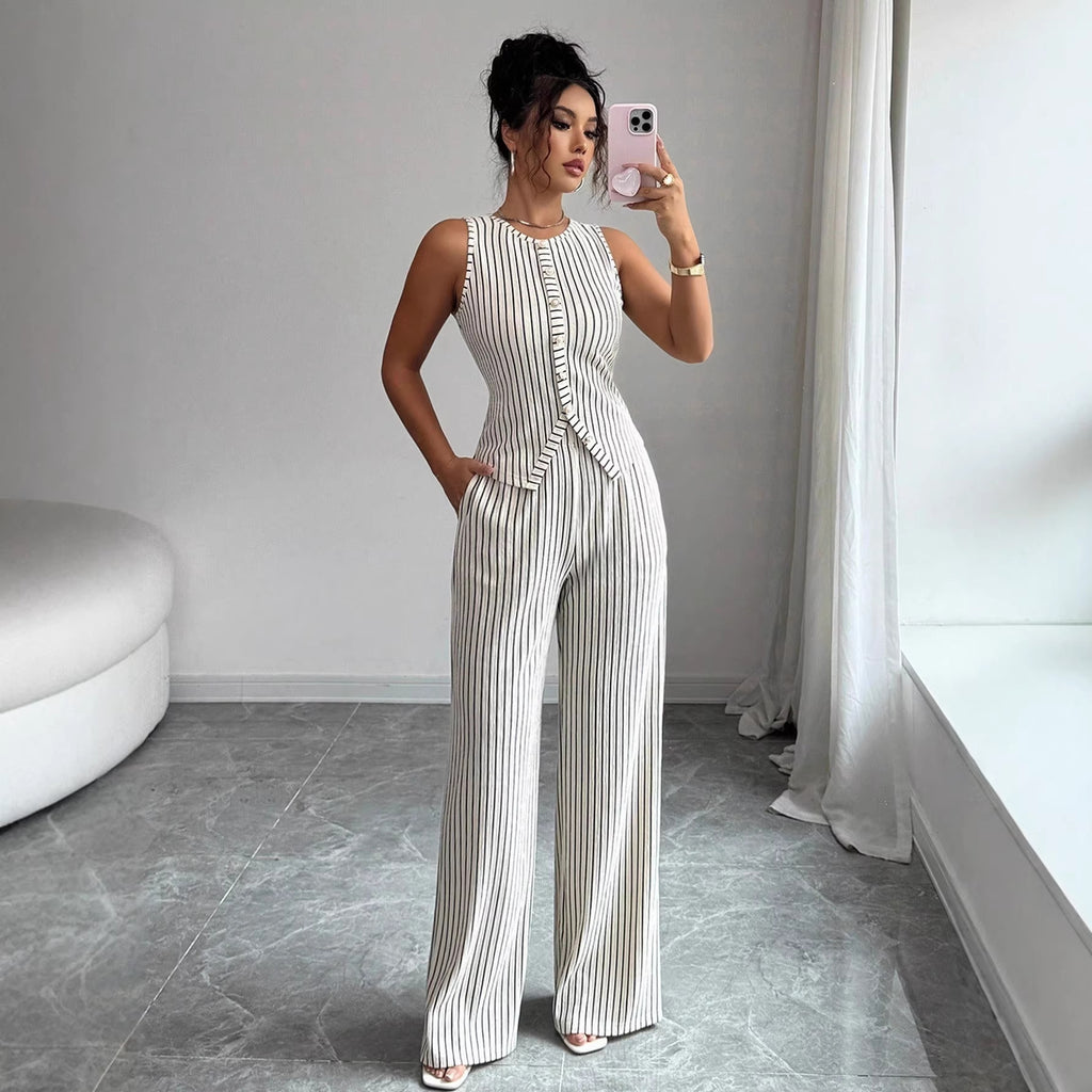 Conjunto de chaleco retro a rayas y pantalones de perna ancha para mujer