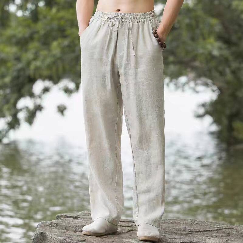 Pantalones casuales de lino de pierna recta para hombre