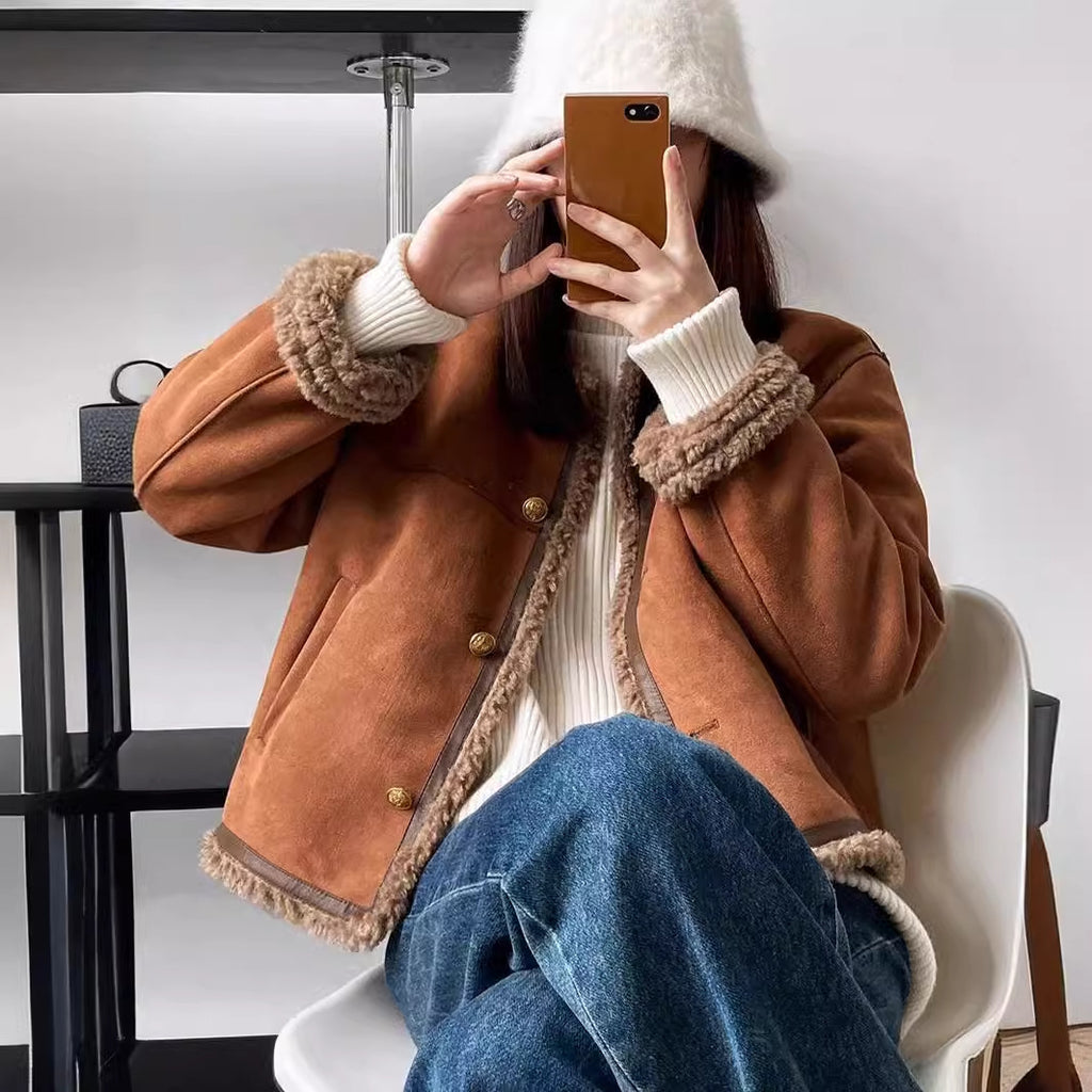 High-End Small Fragrant Lamb Plush Outwear Women's Winter Short Fur One-Piece Jacket