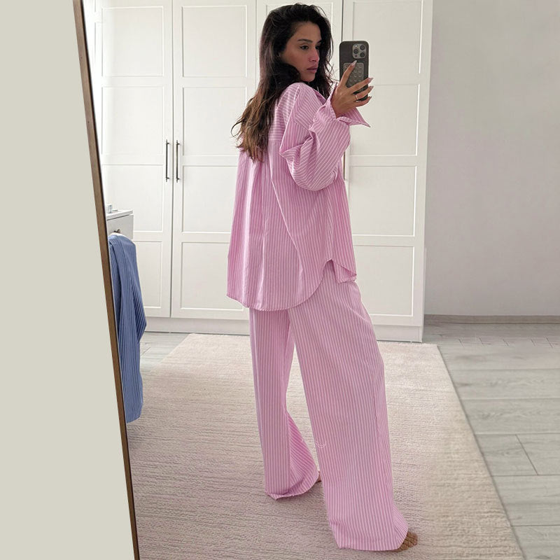 Conjunto de pantalones casuales de manga larga a rayas para mujer
