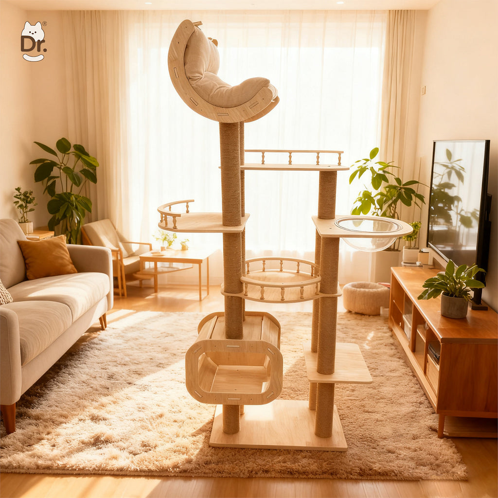 Gran torre de escalada para gatos de madera maciza con poste rascador