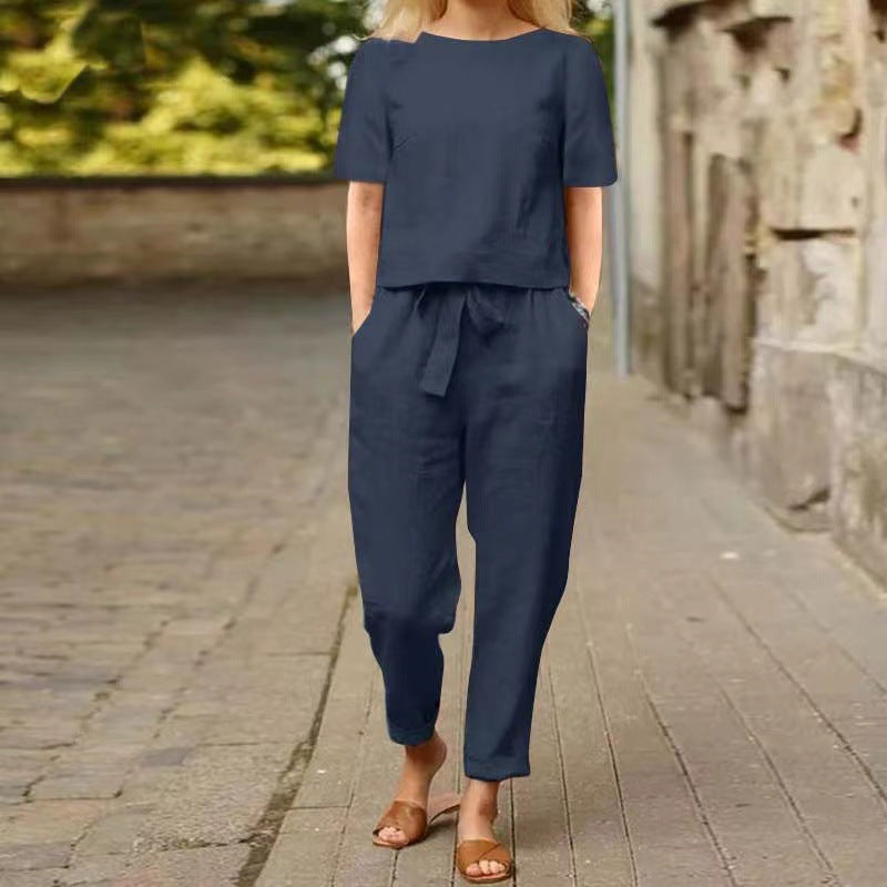 Cotton-linen half-sleeve wide-leg pants