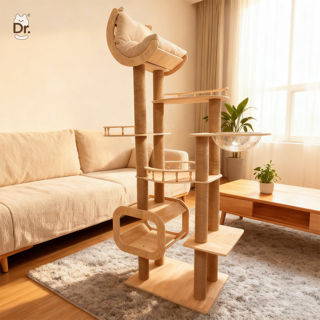 Gran torre de escalada para gatos de madera maciza con poste rascador