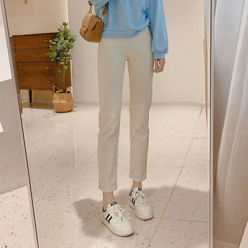 Pantalones de algodón de pierna recta de cintura alta para mujer