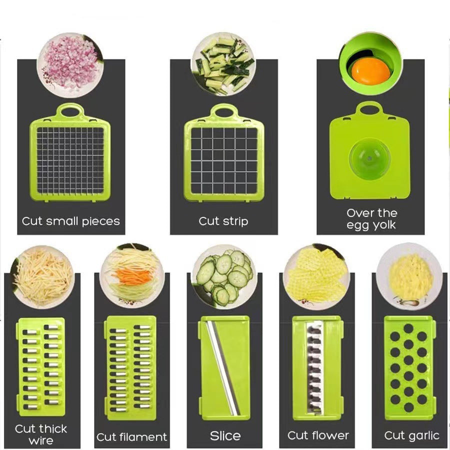 Nuevo cortador de verduras multifuncional transfronterizo Pelar, triturar, cortar en cubitos y cortar el juego de artefactos de cocina Rallador