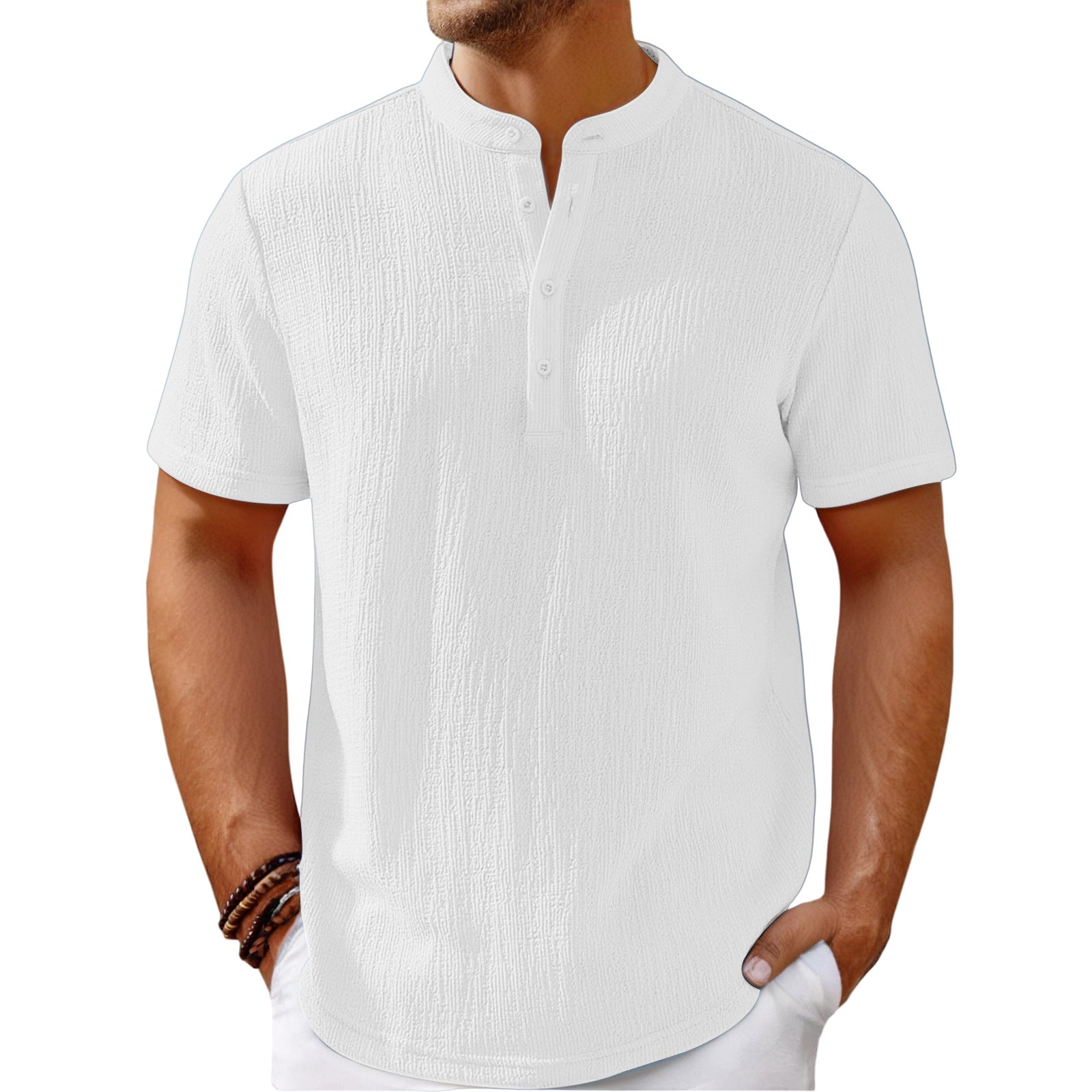 Camisa Henley de rayas de lino de algodón retro para hombre