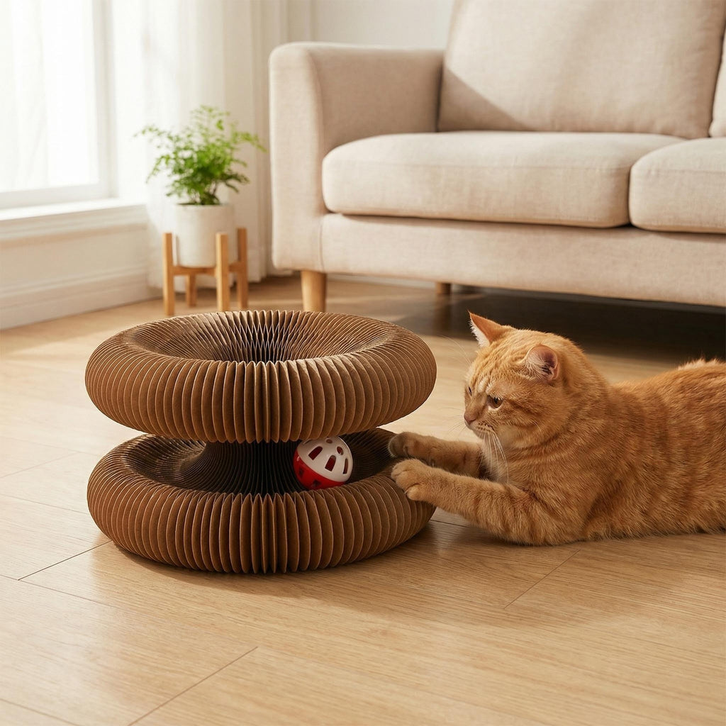 Rascador de gato de papel corrugado plegable con campanas