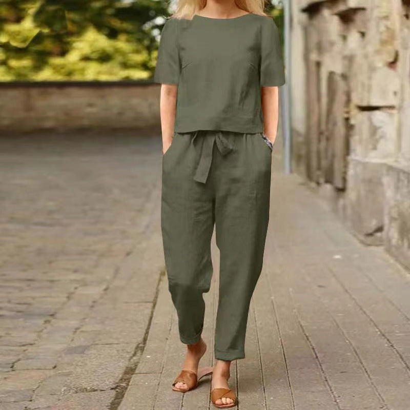 Cotton-linen half-sleeve wide-leg pants