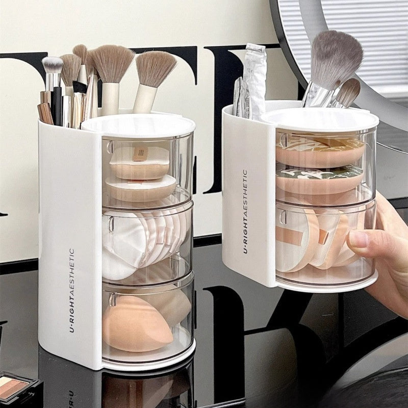 Organizador de brochas de maquillaje giratorio con almacenamiento de polvo