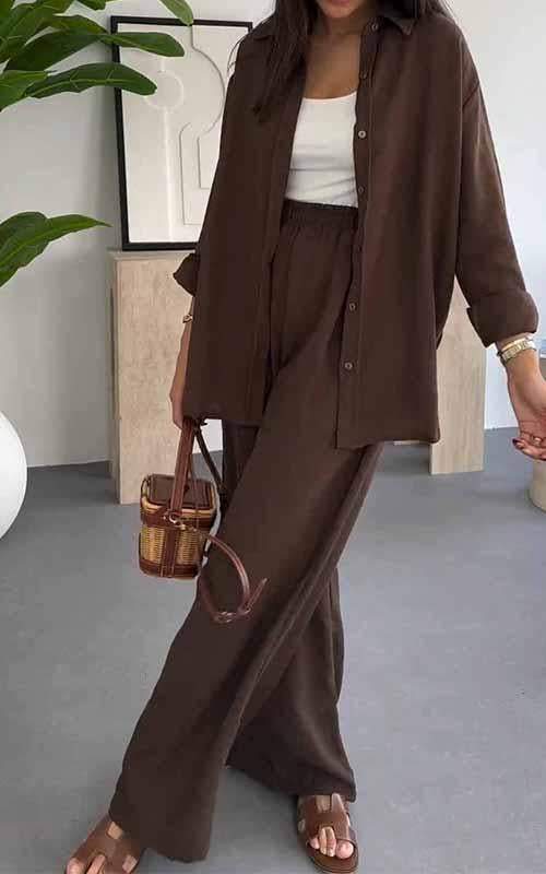 Conjunto de dos piezas de pantalones casuales de pierna ancha para mujer
