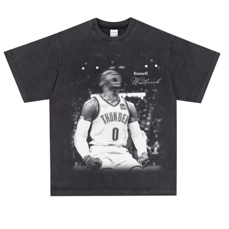 Camiseta de algodón extragrande con estampado de baloncesto retro