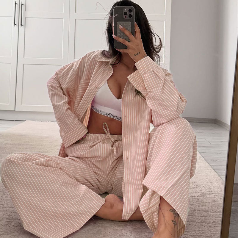 Conjunto de pantalones casuales de manga larga a rayas para mujer