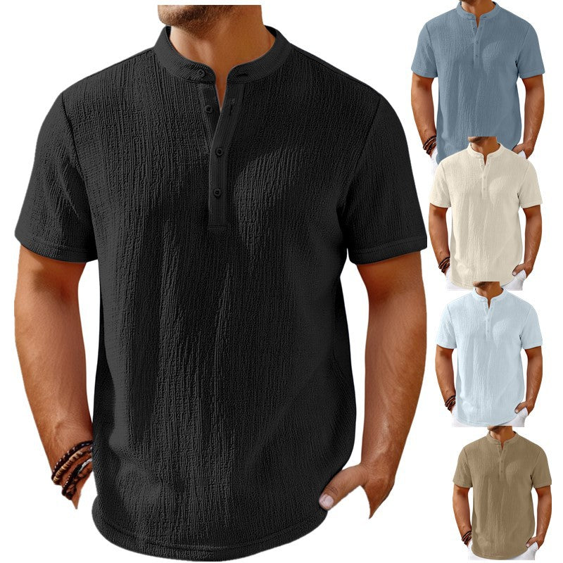 Camisa Henley de rayas de lino de algodón retro para hombre